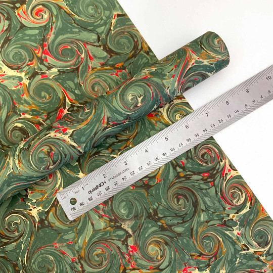 Hand Marbled Paper French Curl Pattern in Green and Red ~ Berretti Marbled Arts